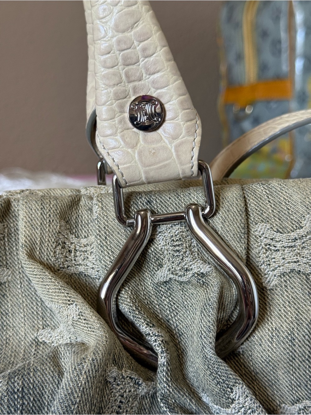 Authentic CELINE Macadam Ombre DENIM Bag Croc-Embossed Leather wSilver Hardware - Picture 3 of 16